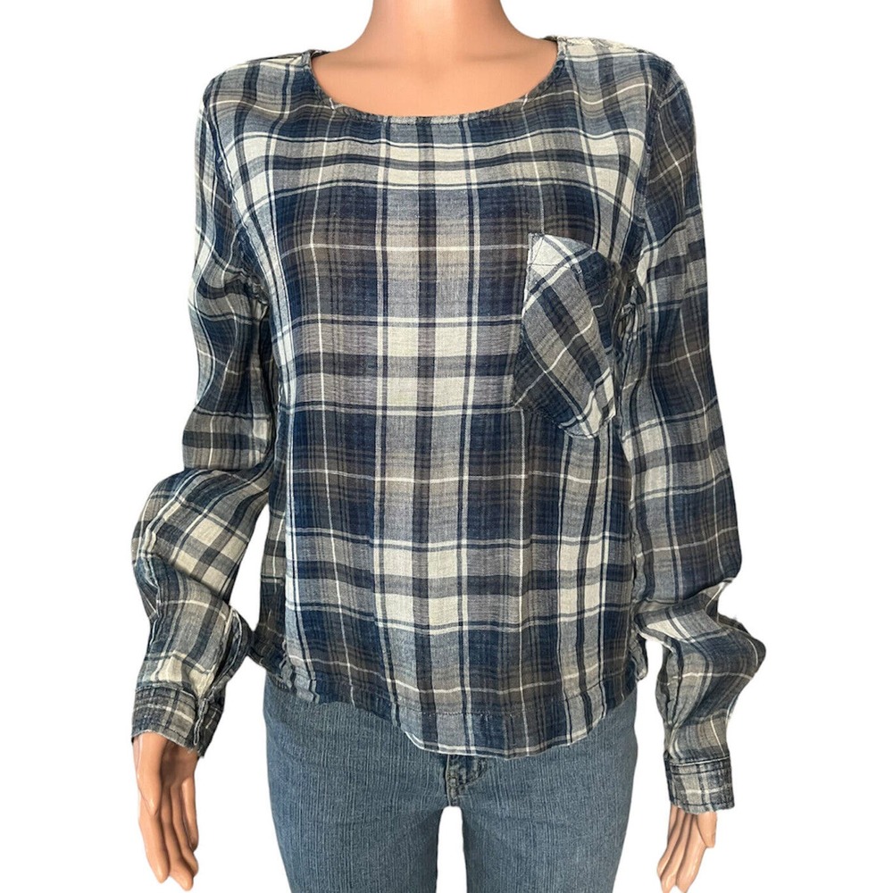 Cloth and Stone Shirt Womens Medium Blue Plaid Lace Up Back Long Sleeve